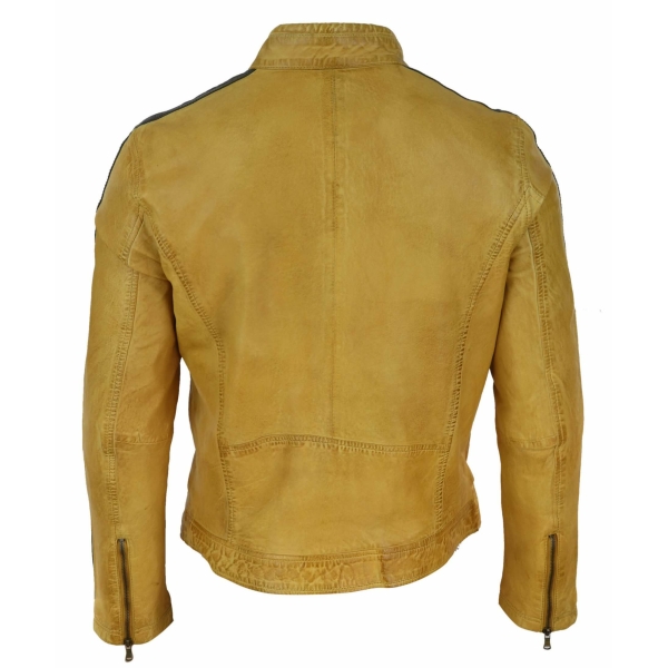 Real Leather Short Racing Mens Yellow Jacket