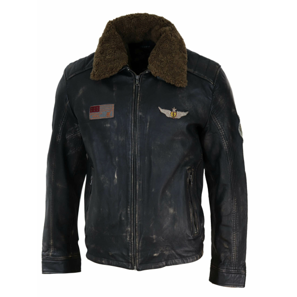 Mens Vintage Leather Jacket with Fur Collar