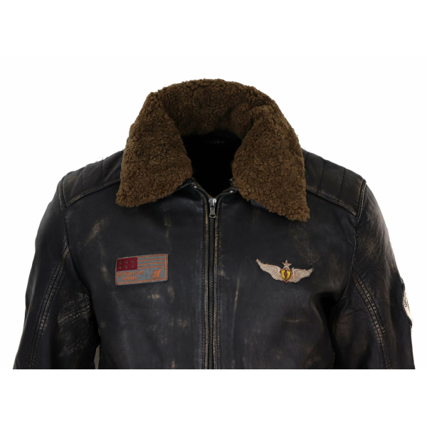 Mens Vintage Leather Jacket with Fur Collar