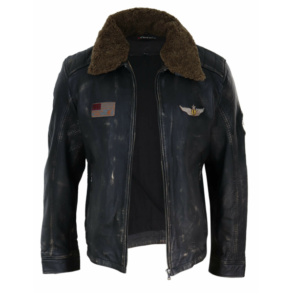 Mens Vintage Leather Jacket with Fur Collar