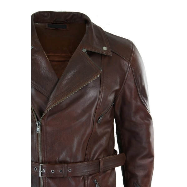 Mens Cross Zip Belted Timber Brown 3/4 Motorcycle Biker Long Leather Jacket CE Armour