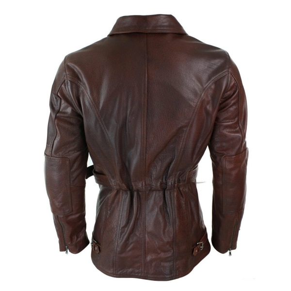 Mens Cross Zip Belted Timber Brown 3/4 Motorcycle Biker Long Leather Jacket CE Armour