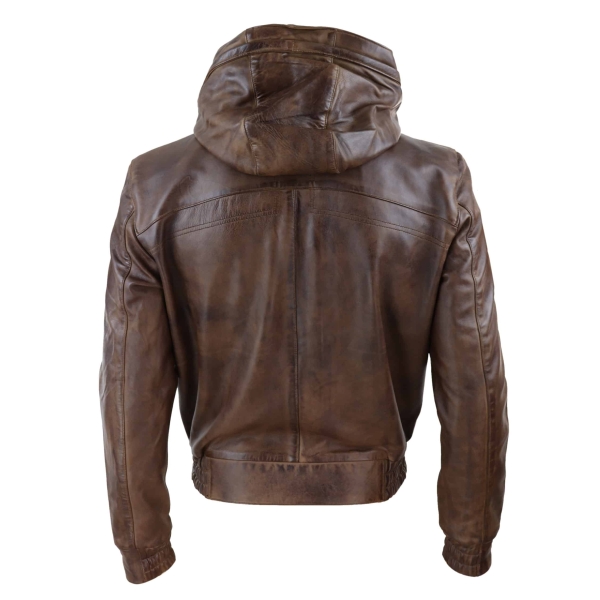 Mens Brown Leather Bomber Jacket with Hood