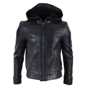 Mens Black Leather Bomber Jacket with Hood