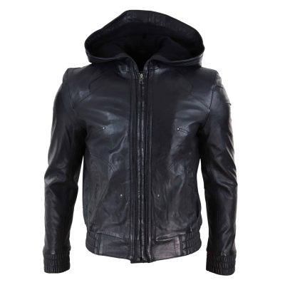 Mens Black Leather Bomber Jacket with Hood