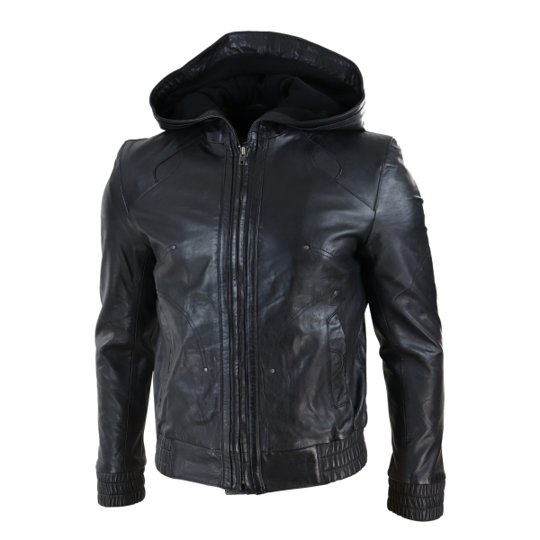 Mens Black Leather Bomber Jacket with Hood