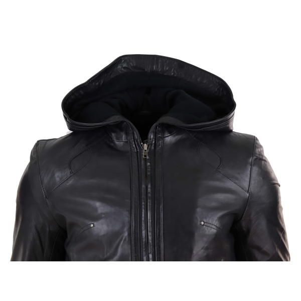 Mens Black Leather Bomber Jacket with Hood