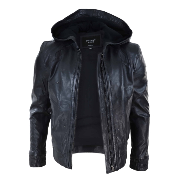 Mens Black Leather Bomber Jacket with Hood