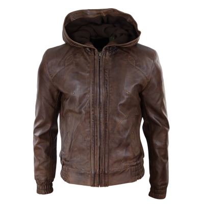 Mens Brown Leather Bomber Jacket with Hood