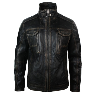 Real Washed Leather Retro Vintage Distressed Jacket Black Rub Off for Men