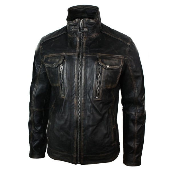 Real Washed Leather Retro Vintage Distressed Jacket Black Rub Off for Men