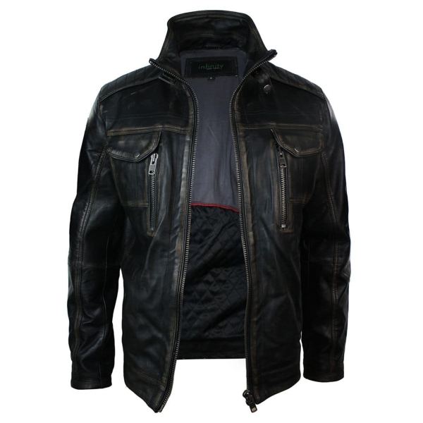 Real Washed Leather Retro Vintage Distressed Jacket Black Rub Off for Men