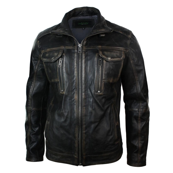 Real Washed Leather Retro Vintage Distressed Jacket Black Rub Off for Men