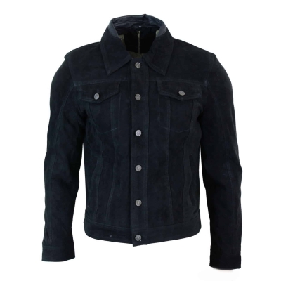 Real Suede Leather Mens Vintage Short Denim Style Retro Jean Jacket Casual - Black Color