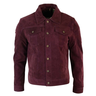 Real Suede Leather Mens Vintage Short Denim Style Retro Jean Jacket Casual - Burgundy Color