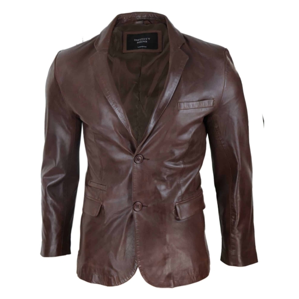 Mens Slim Fit Brown Leather Blazer