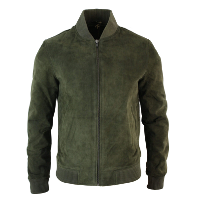 Varsity Mens Real Suede Leather Bomber College Jacket Classic Retro Vintage - Olive