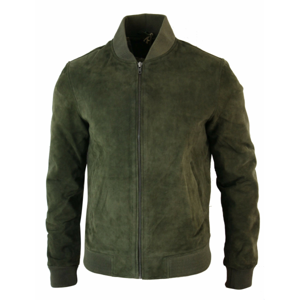 Varsity Mens Real Suede Leather Bomber College Jacket Classic Retro Vintage - Olive