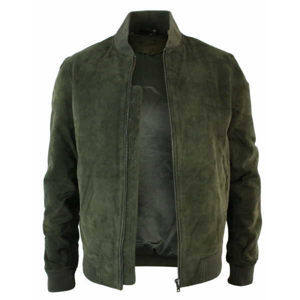 Varsity Mens Real Suede Leather Bomber College Jacket Classic Retro Vintage - Olive