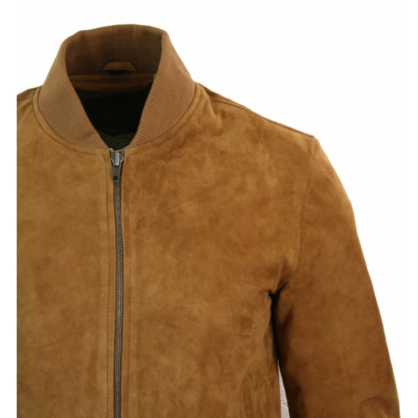 Varsity Mens Real Suede Leather Bomber College Jacket Classic Retro Vintage - Tan Brown