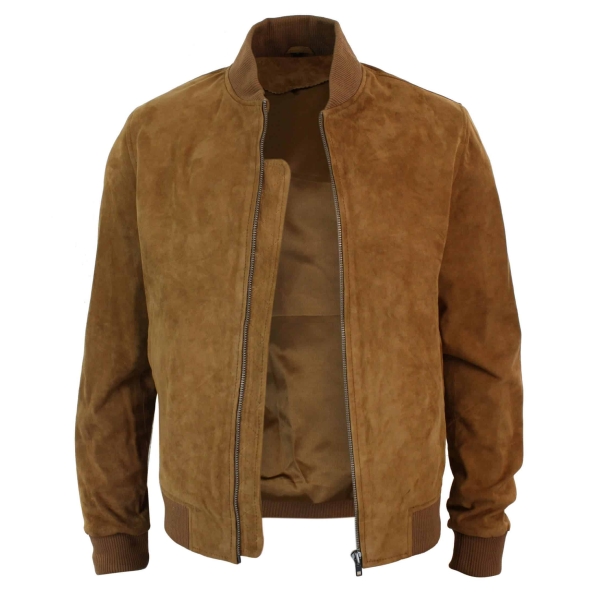 Varsity Mens Real Suede Leather Bomber College Jacket Classic Retro Vintage - Tan Brown