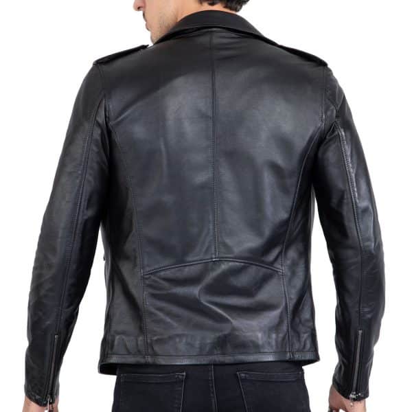 Happy Gentleman B104 - Geuine Leather Cross-Zip Brando Black Slim Fit Jacket for Men