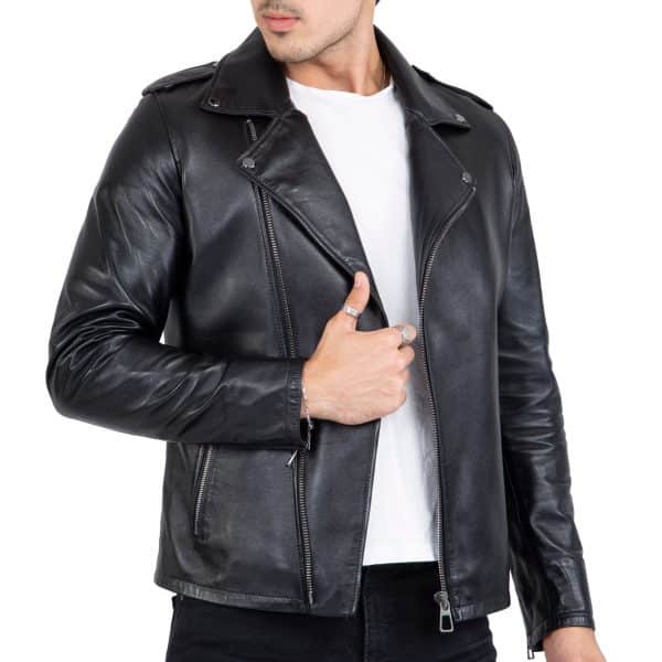 Happy Gentleman B104 - Geuine Leather Cross-Zip Brando Black Slim Fit Jacket for Men