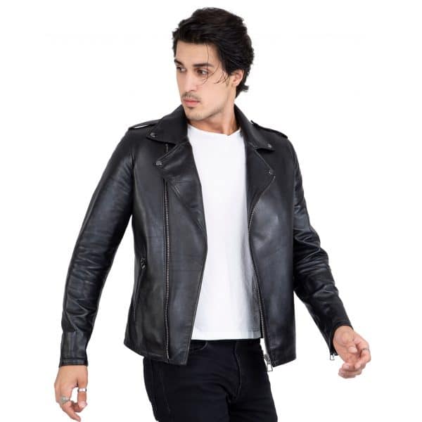 Happy Gentleman B104 - Geuine Leather Cross-Zip Brando Black Slim Fit Jacket for Men