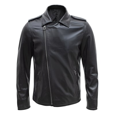 Happy Gentleman B104 - Geuine Leather Cross-Zip Brando Black Slim Fit Jacket for Men