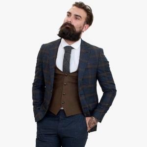 Happy Gentleman GRAZIE Navy Blue Wool 3 Piece Suit with a Contrasting Brown Waistcoat