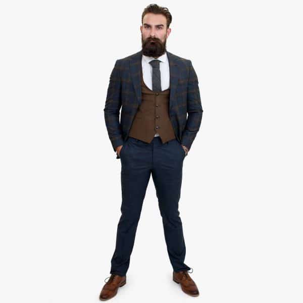 Happy Gentleman GRAZIE Navy Blue Wool 3 Piece Suit with a Contrasting Brown Waistcoat