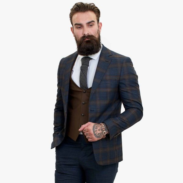 Happy Gentleman GRAZIE Navy Blue Wool 3 Piece Suit with a Contrasting Brown Waistcoat