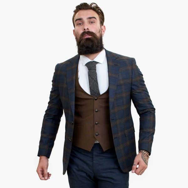 Happy Gentleman GRAZIE Navy Blue Wool 3 Piece Suit with a Contrasting Brown Waistcoat