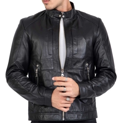 Lamb Leather Biker Jacket for Men with Four Pockets Regular Fit - B209