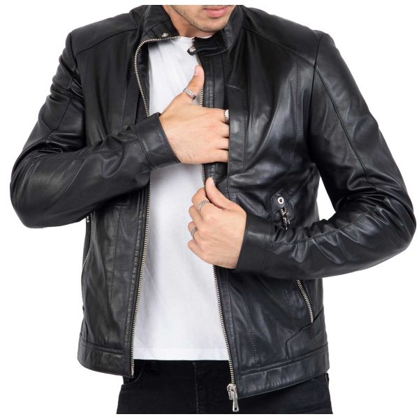 Lamb Leather Biker Jacket for Men with Four Pockets Regular Fit - B209