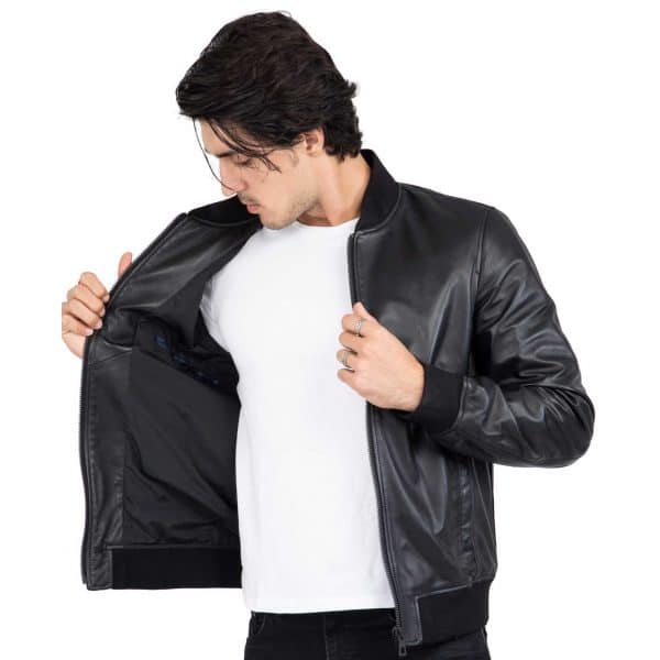 Lamb Real Leather Black Bomber Jacket for Men Regular Fit - B203