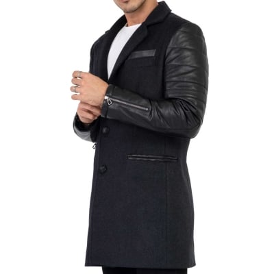 Mens Tweed Cashmere Wool Overcoat with Real Leather Sleeves Grey - B213