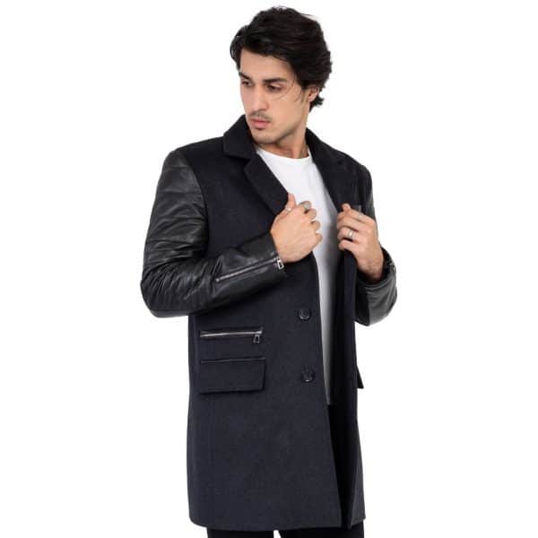 Mens Tweed Cashmere Wool Overcoat with Real Leather Sleeves Grey - B213