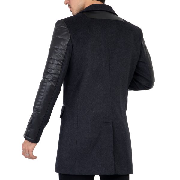 Mens Tweed Cashmere Wool Overcoat with Real Leather Sleeves Grey - B213