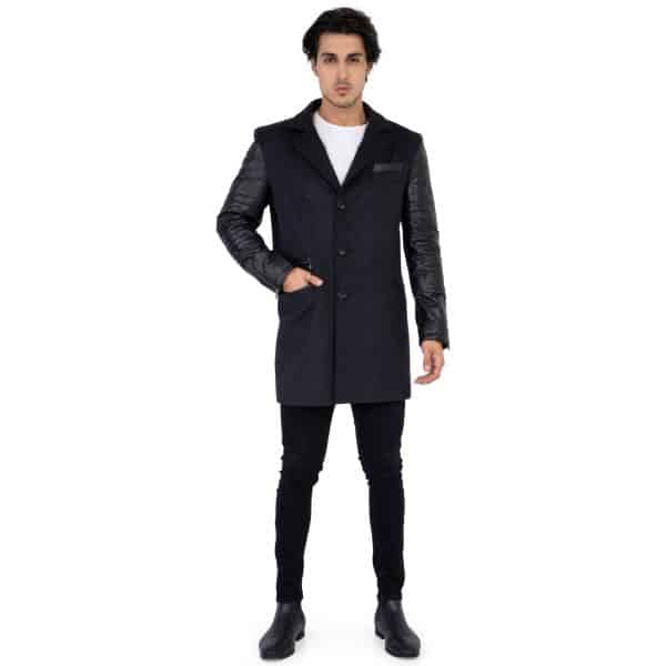 Mens Tweed Cashmere Wool Overcoat with Real Leather Sleeves Grey - B213