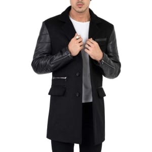 Mens Tweed Cashmere Wool Overcoat with Real Leather Sleeves Black – B213