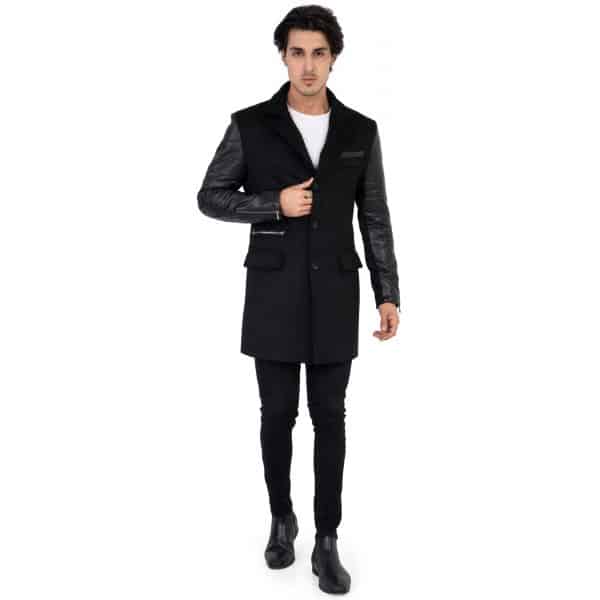 Mens Tweed Cashmere Wool Overcoat with Real Leather Sleeves Black - B213