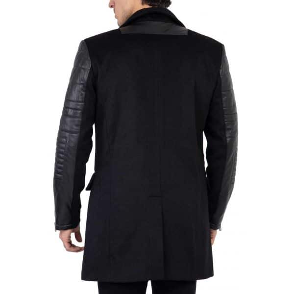 Mens Tweed Cashmere Wool Overcoat with Real Leather Sleeves Black - B213