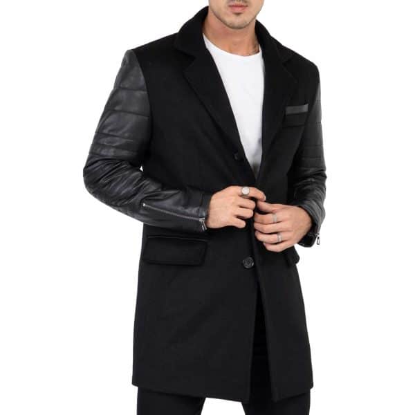 Mens Tweed Cashmere Wool Overcoat with Real Leather Sleeves Black - B213