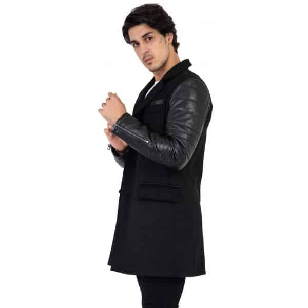 Mens Tweed Cashmere Wool Overcoat with Real Leather Sleeves Black - B213