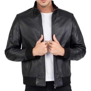 Real Lamb Leather Black Bomber Jacket for Men Regular Fit – B210