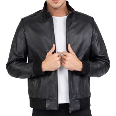 Real Lamb Leather Black Bomber Jacket for Men Regular Fit - B210