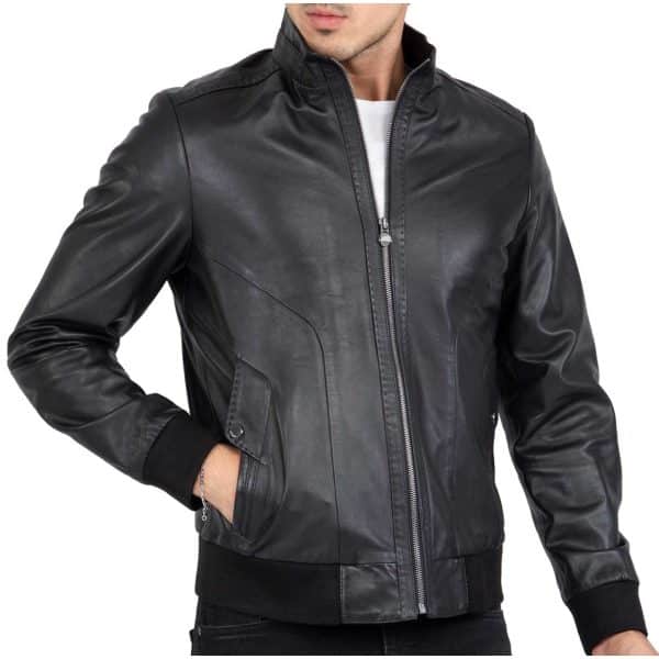 Real Lamb Leather Black Bomber Jacket for Men Regular Fit - B210