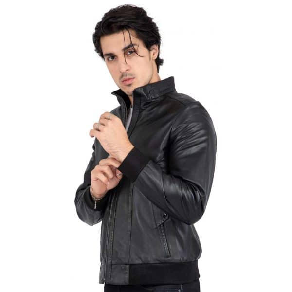 Real Lamb Leather Black Bomber Jacket for Men Regular Fit - B210