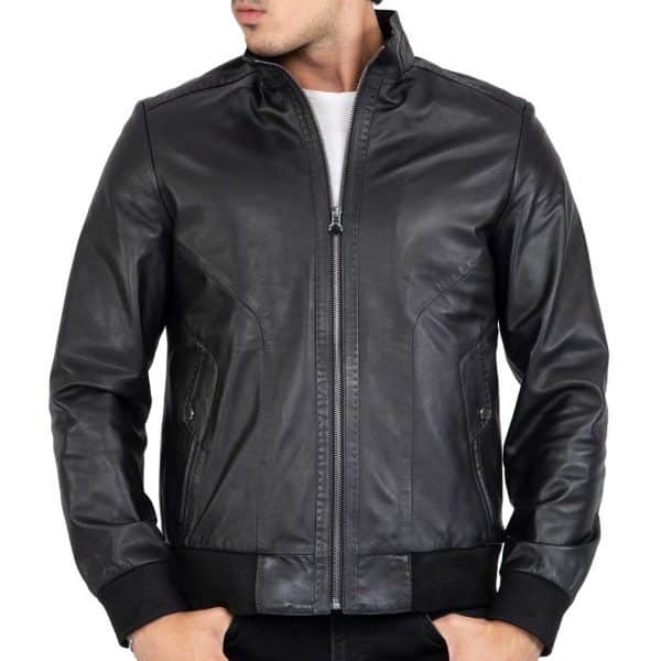 Real Lamb Leather Black Bomber Jacket for Men Regular Fit - B210